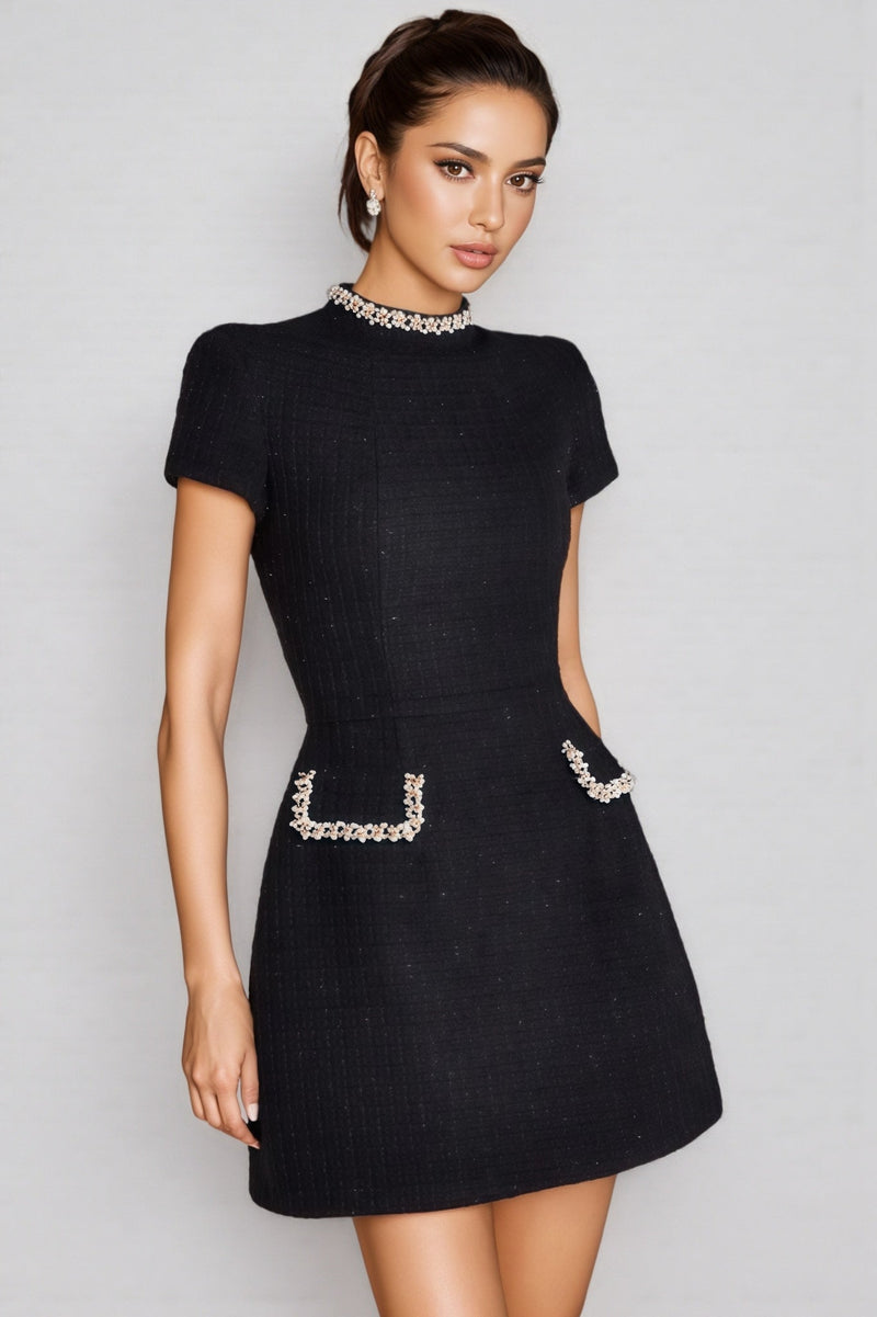 Fifer Black Beaded Chambray Mini Dress