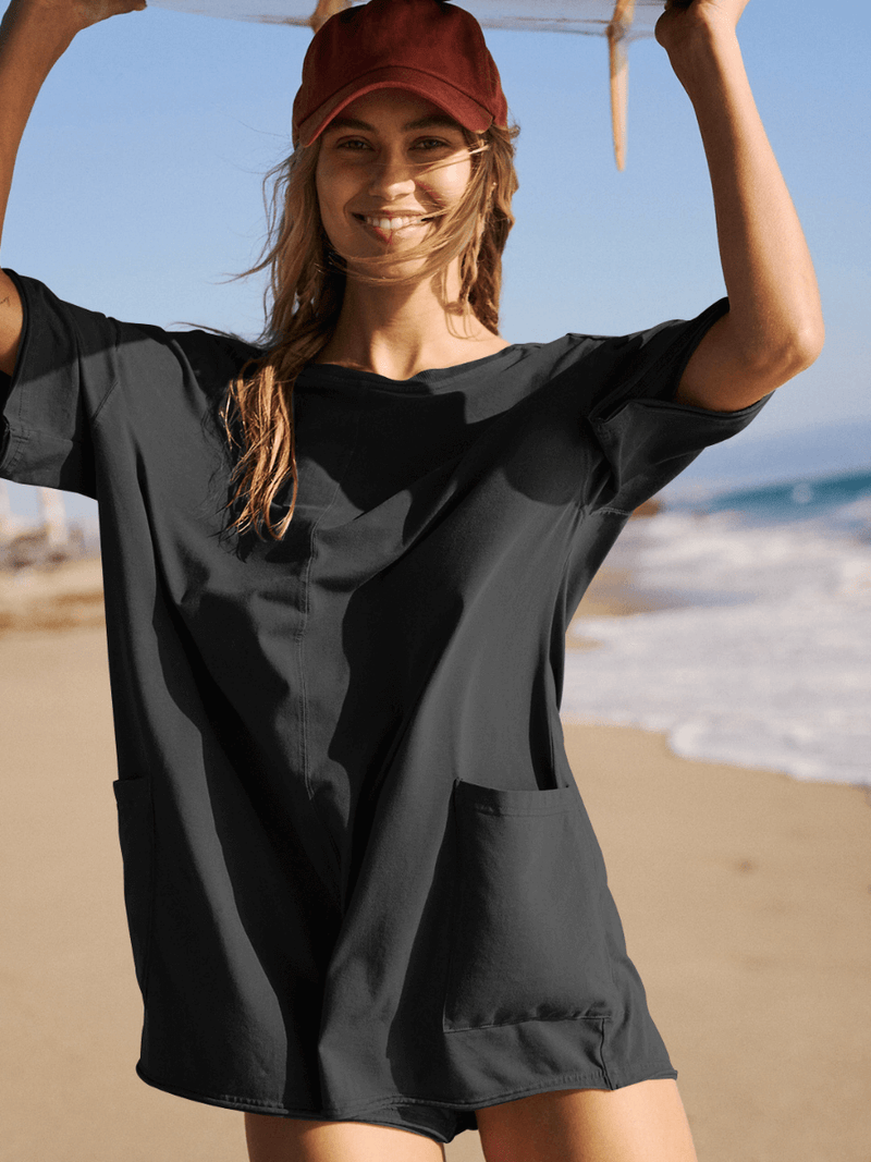 Nevaeh Cotton Pocketed Romper - Black