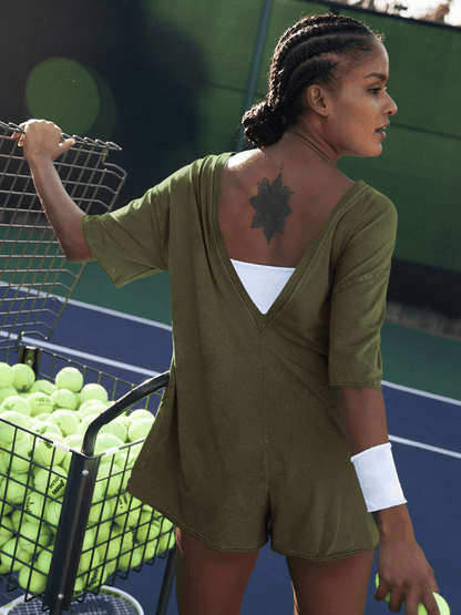 Nevaeh Cotton Pocketed Romper - Olive