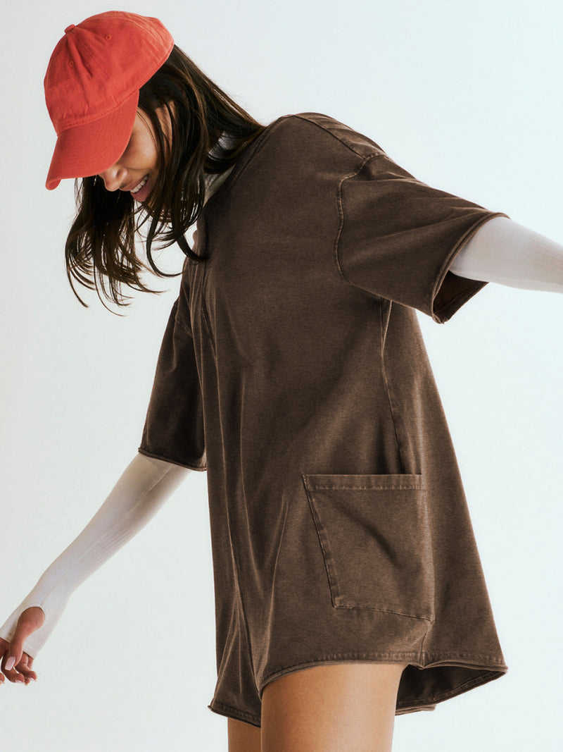 Nevaeh Cotton Pocketed Romper - Brown