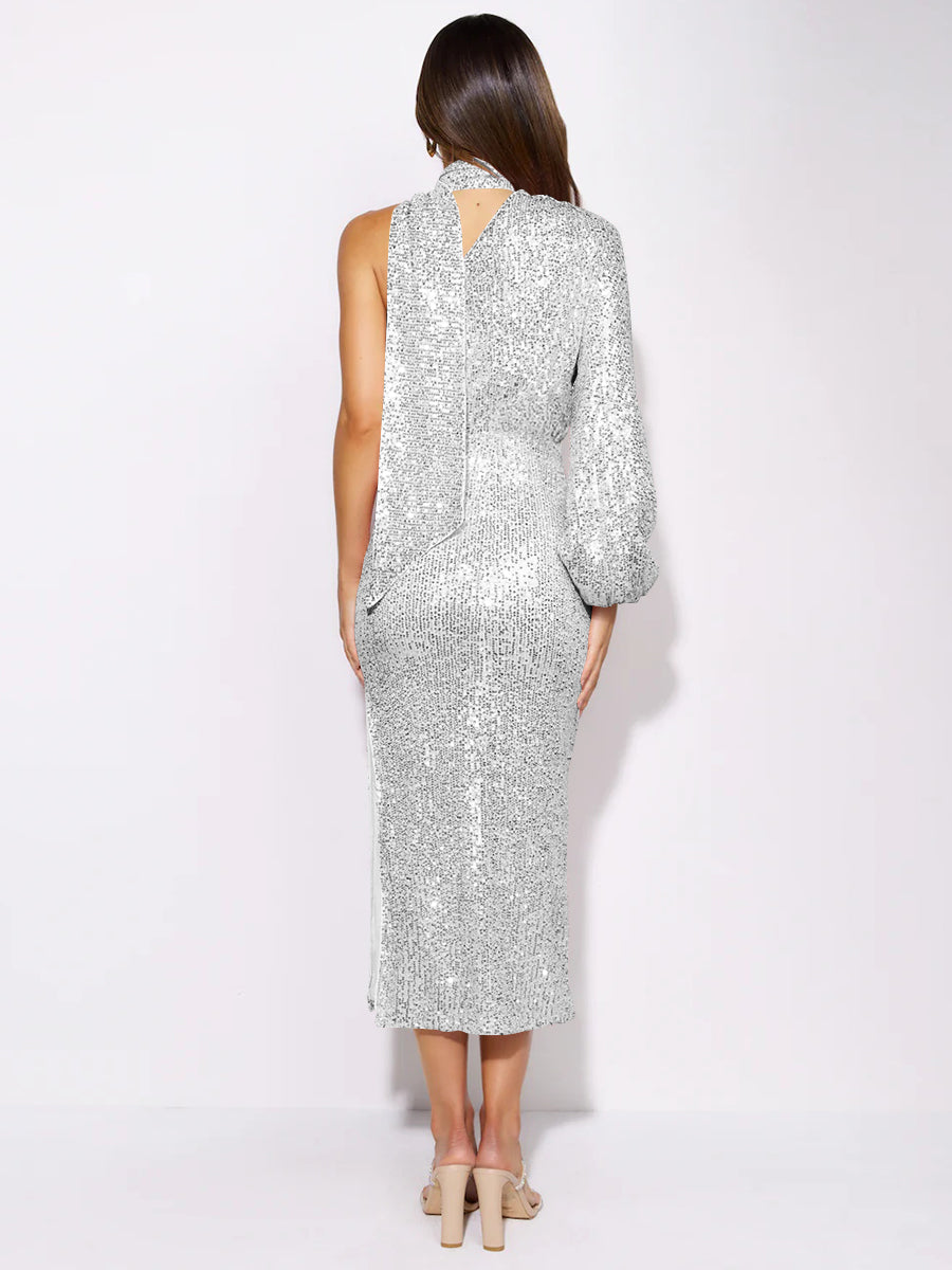 Layton Sequin One-shoulder Midi Dress - Silver