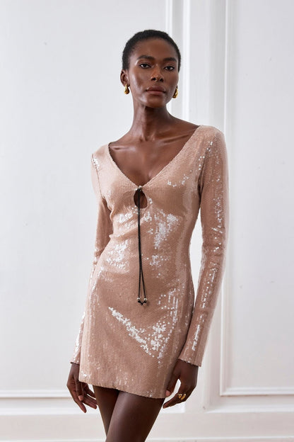 Aoibhe Long Sleeve Sequin Mini Dress in Apricot