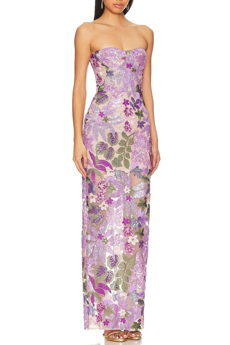 Elara Sequin Embroidered Strapless Maxi Dress - Purple