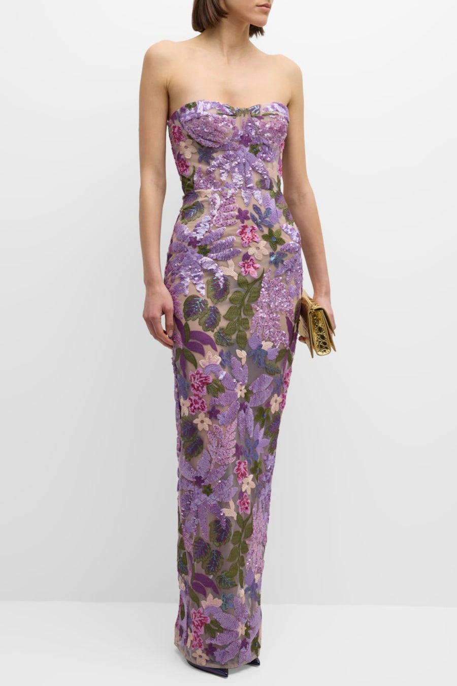Elara Sequin Embroidered Strapless Maxi Dress - Purple