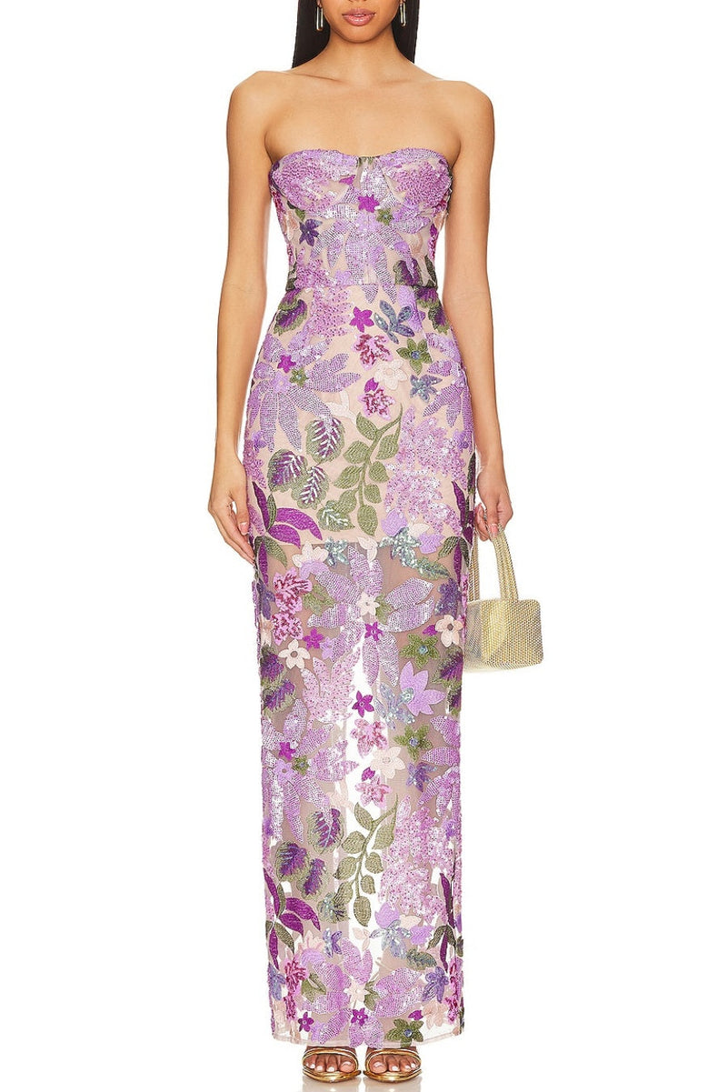 Elara Sequin Embroidered Strapless Maxi Dress - Purple