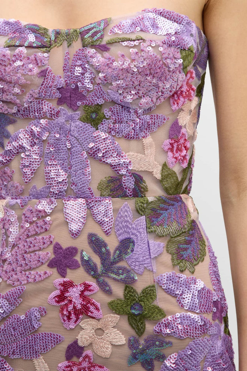 Elara Sequin Embroidered Strapless Maxi Dress - Purple