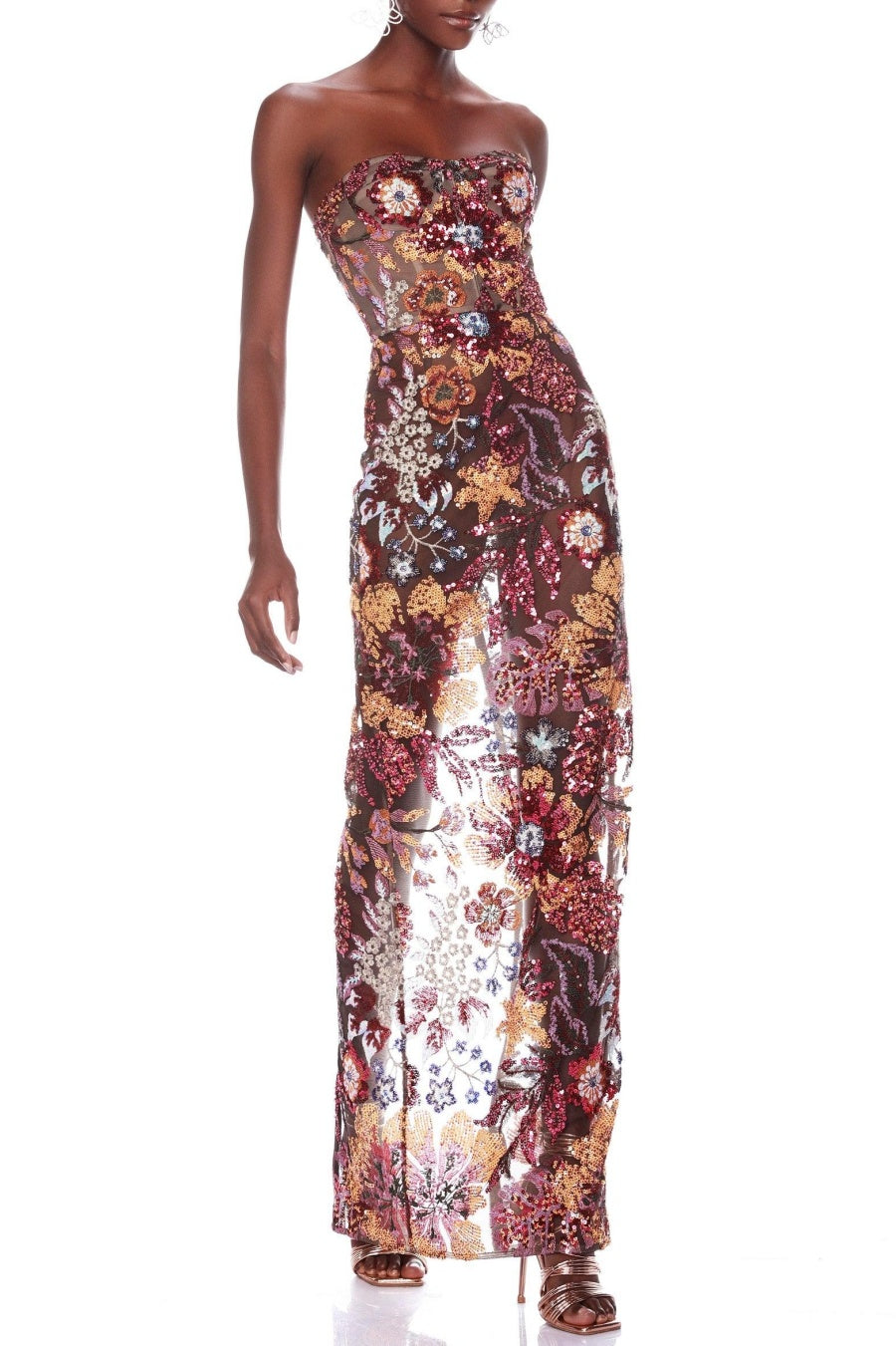 Elara Sequin Embroidered Strapless Maxi Dress - Red
