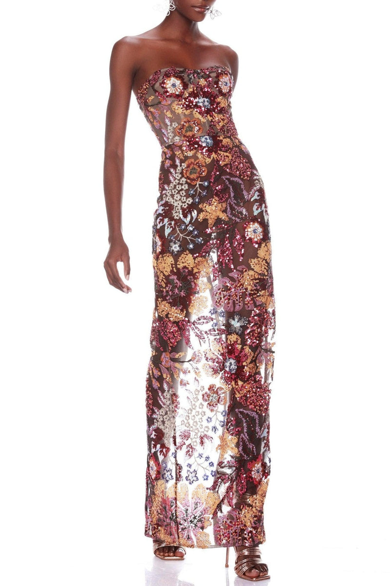 Elara Sequin Embroidered Strapless Maxi Dress - Red