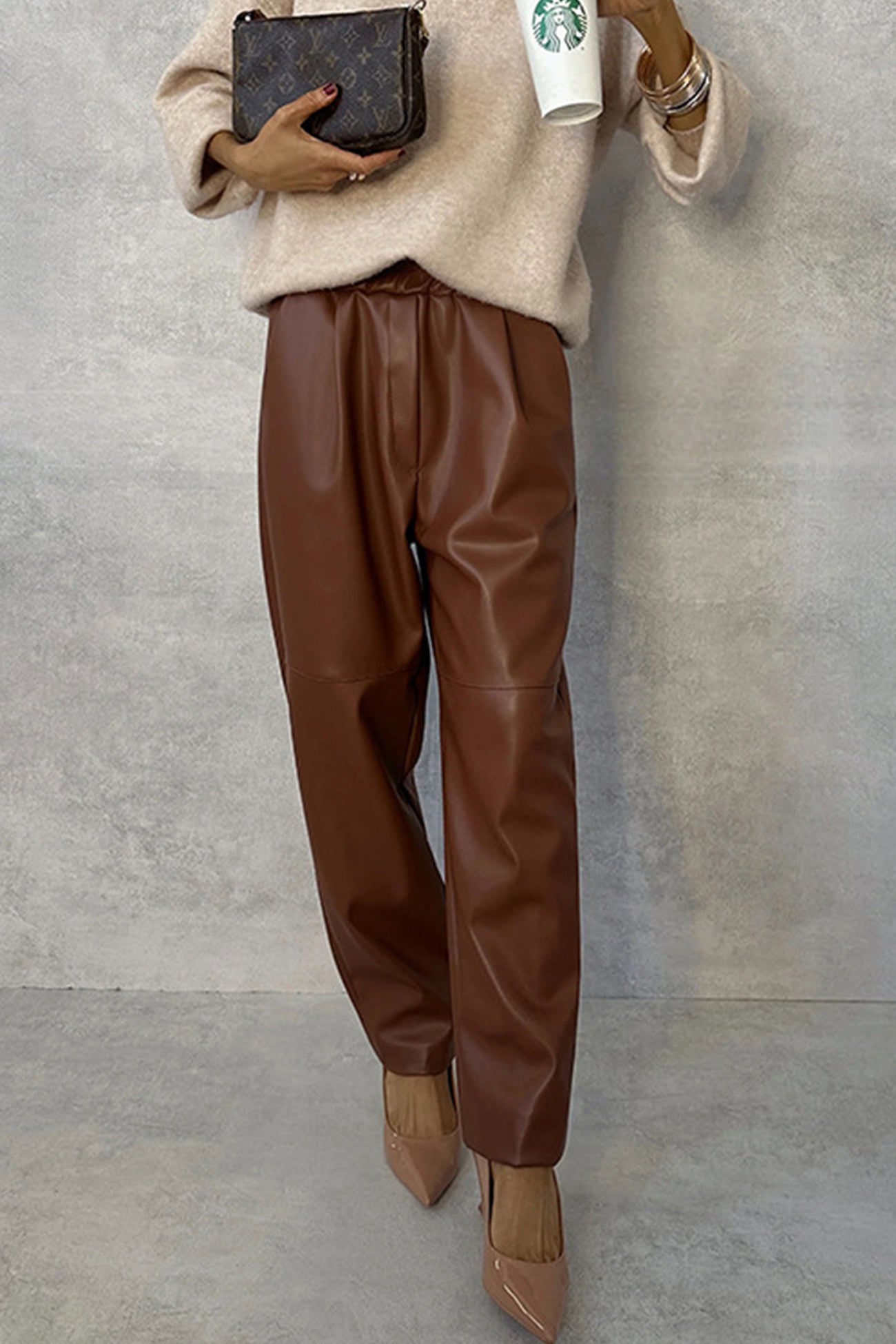 Elastic Waist Straight Pu Pants