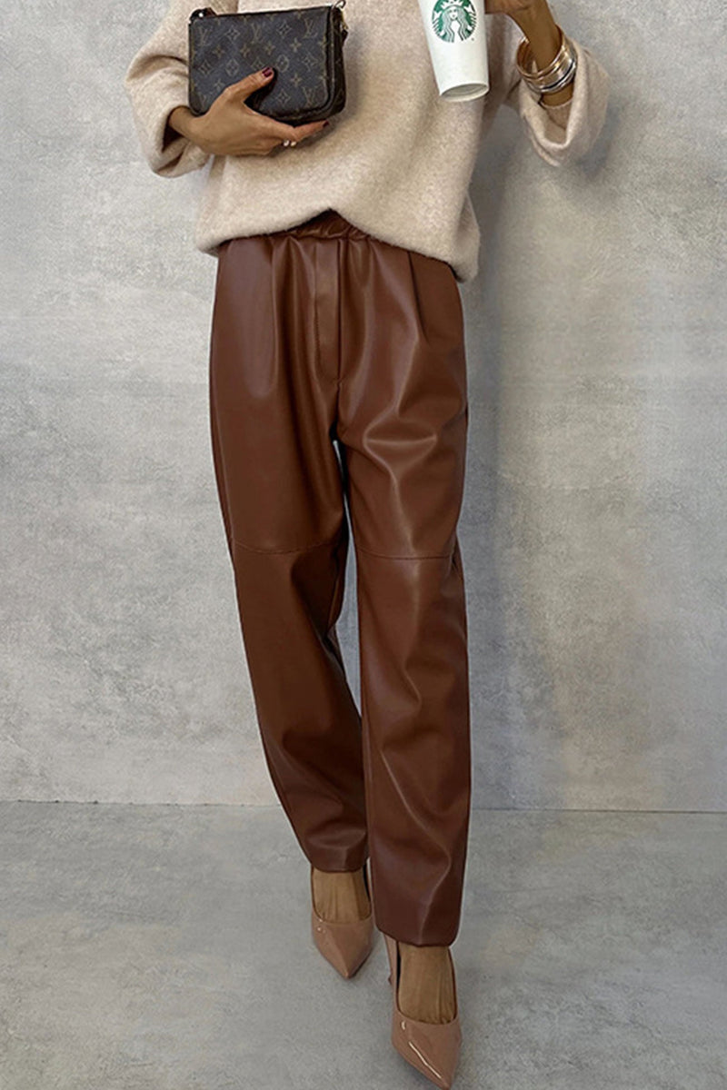 Elastic Waist Straight Pu Pants