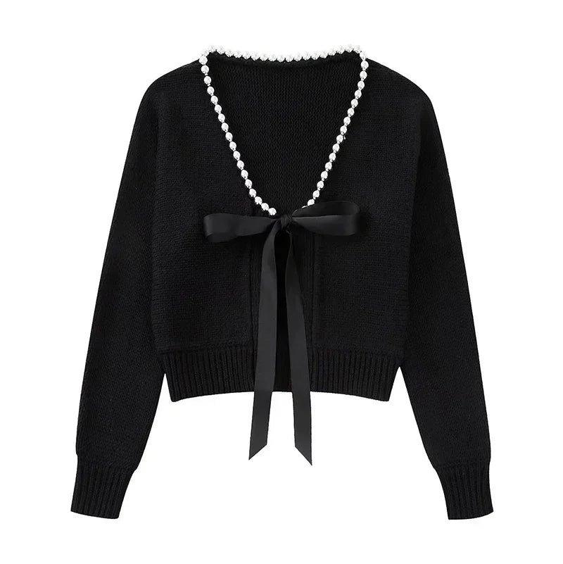 Bow Pearl Long Sleeve V Neck Loose Female Spring Black Soft Cardigan