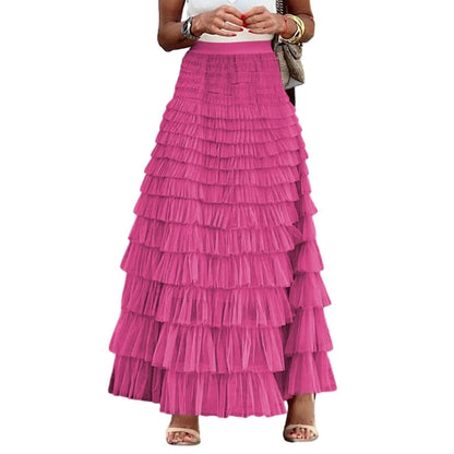 Fairy Tulle Tiered Elastic High Waist Mesh Ruffle Layered Long Skirt
