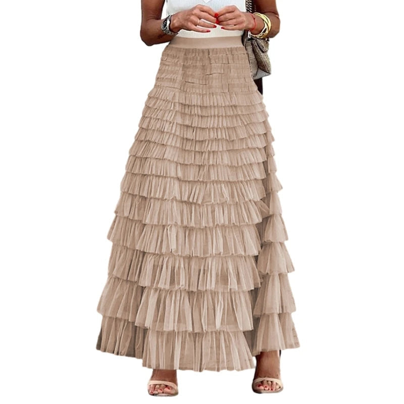 Fairy Tulle Tiered Elastic High Waist Mesh Ruffle Layered Long Skirt