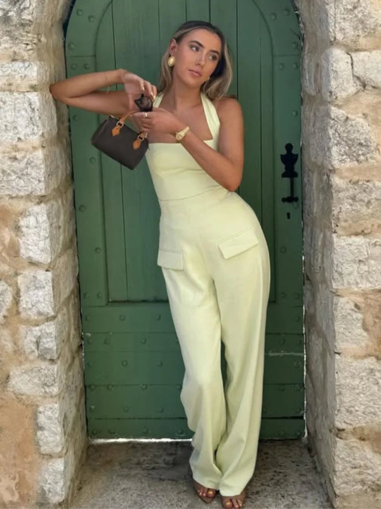 Halter Top Wide Leg High Waist Office Two Piece Set