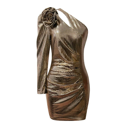 One Shoulder Bronzing Hollow Out Long Sleeve Mini Dress