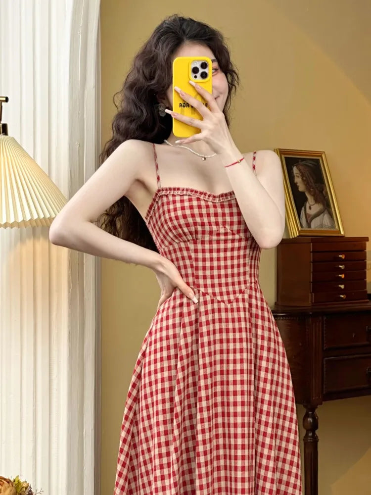 Plaid Midi Dress French Spaghetti Strap A-line Spring Summer Holiday Beach Style Prom Robe Vestidos Mujer