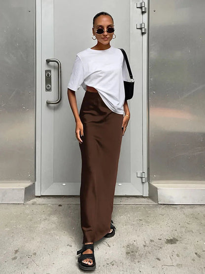 Dressbetty - Satin Black Trumpet Skirts Slim High Waist Office Long Skirt