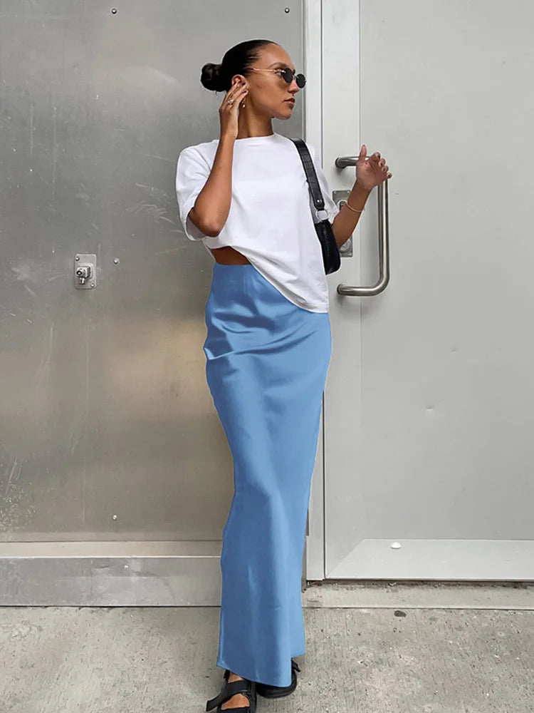 Satin Slim High Waist Office Long Trumpet Skirt