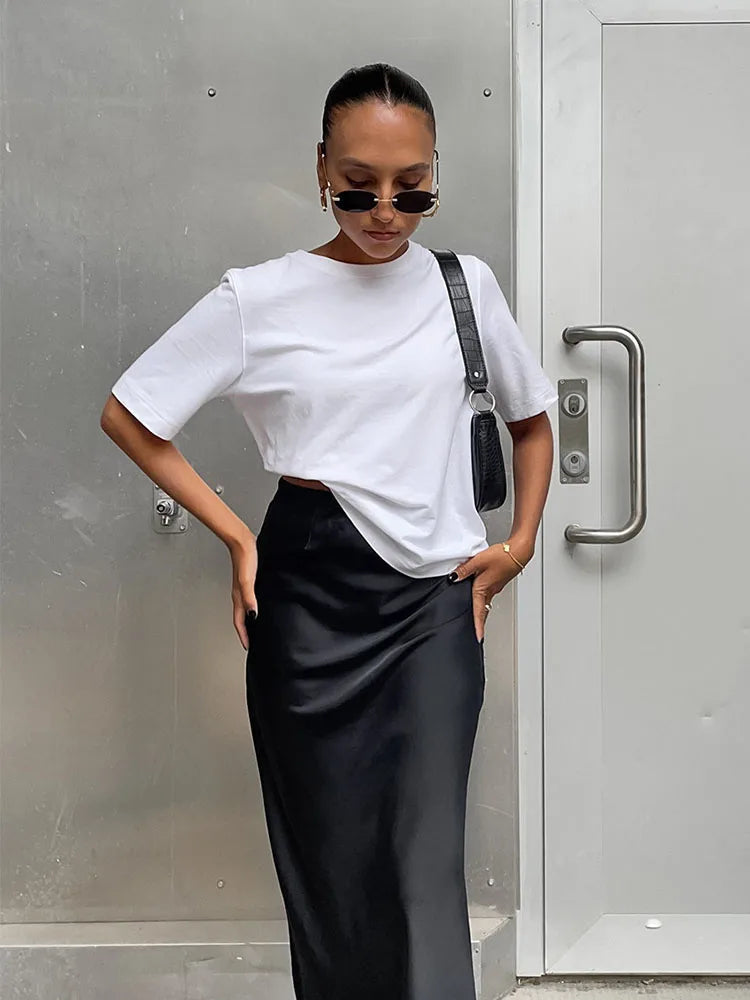 Dressbetty - Satin Black Trumpet Skirts Slim High Waist Office Long Skirt