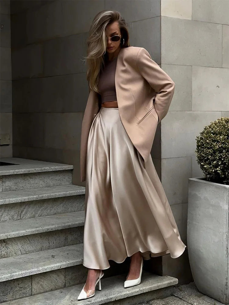 Satin Loose High Waist Classic Maxi Skirt