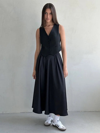 Dressbetty - Satin Loose High Waist Maxi Black Skirt