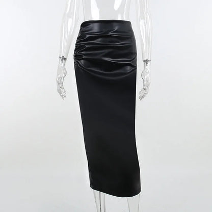 Office Lady Ruched Pu Leather Slim High Waist Skirt