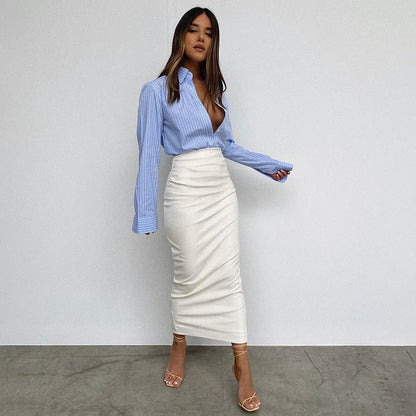 Office Lady Ruched Pu Leather Slim High Waist Skirt
