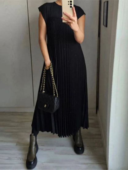 Color Pleated Dresses Temperament O Neck Folds Sleeveless Loose Long Dress Spring Summer New Vestido