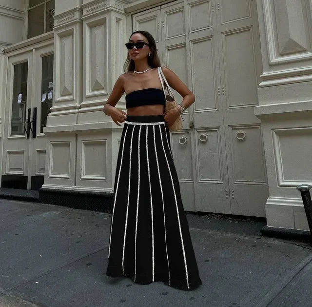 Dressbetty - Striped Tassel Knitted Elastic High Waist Skirt