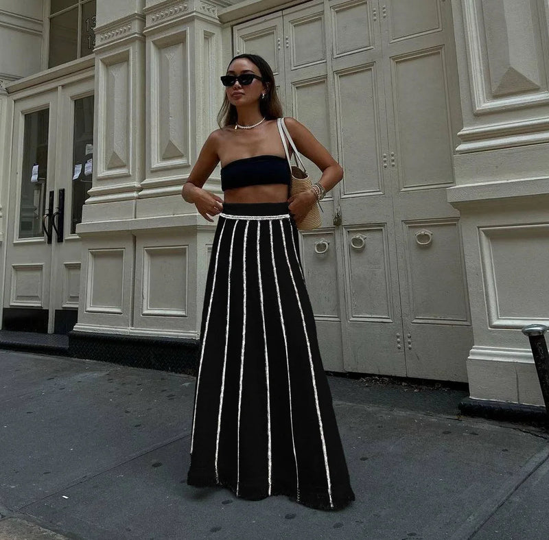 Dressbetty - Striped Tassel Knitted Elastic High Waist Skirt