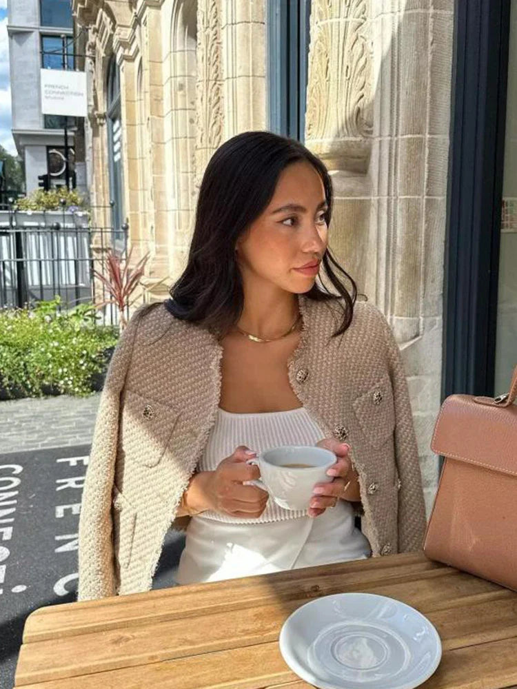 O-neck Pockets Short Coats for Autumn Long Sleeve Single Breasted Tweed Jacket New Cropped Coats Female