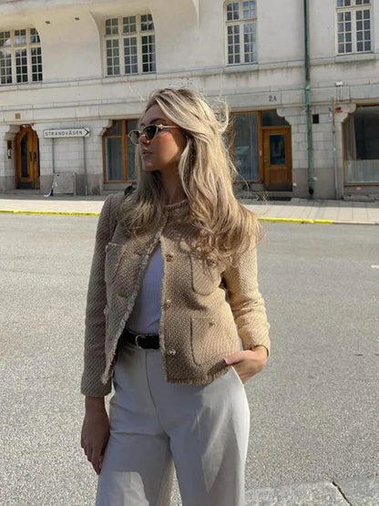 O-neck Pockets Short Coats for Autumn Long Sleeve Single Breasted Tweed Jacket New Cropped Coats Female