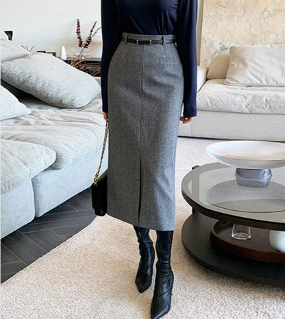 Striped Faux Wool Belted High Waist A-line Skirt
