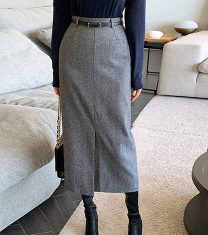 Striped Faux Wool Belted High Waist A-line Skirt