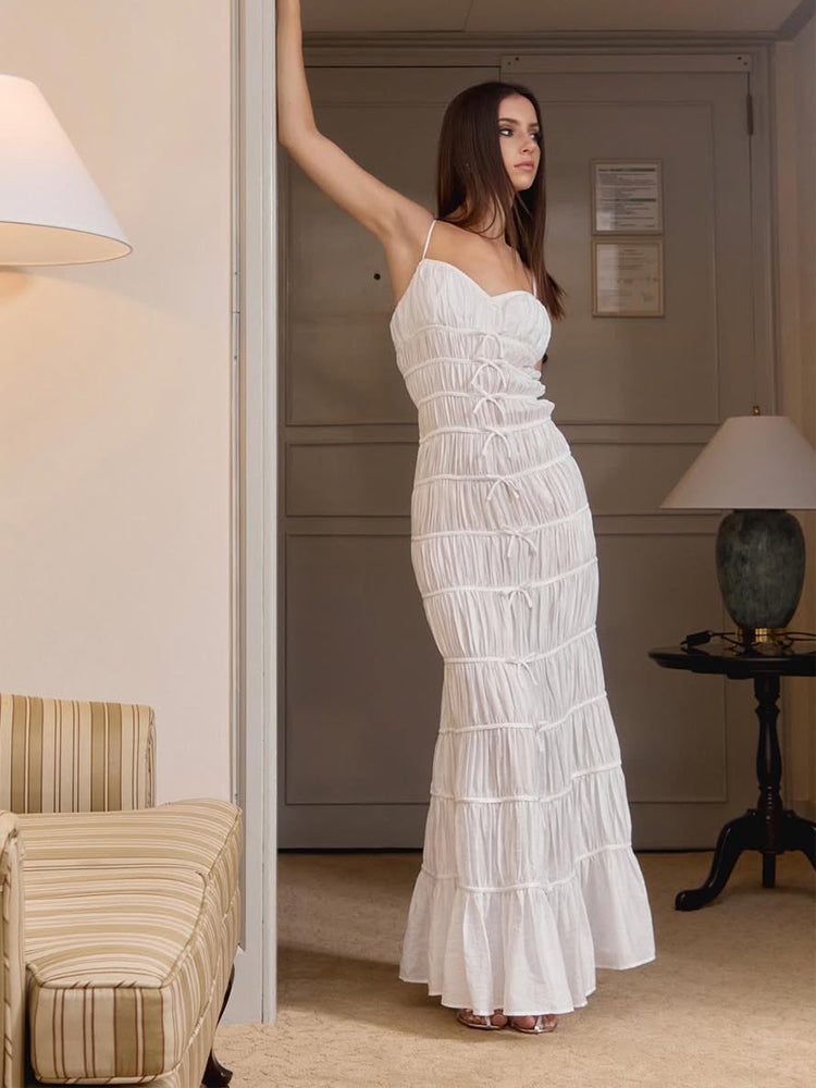 White Ruched Maxi Dress _ Slimming Vacation Outfit for Photos