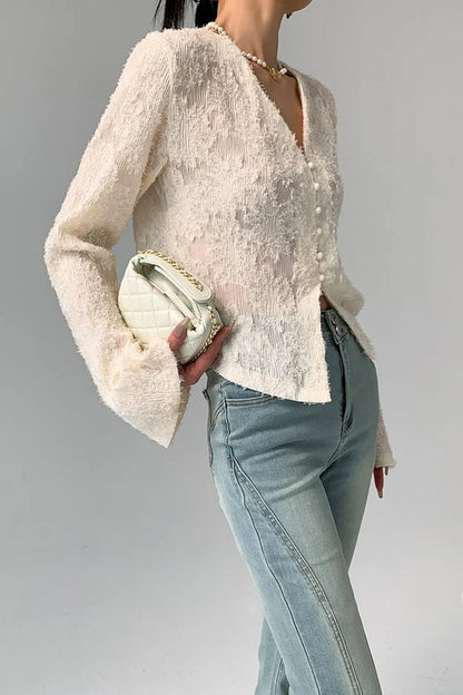 Elily V-neck Ruffle Long Sleeve Blouse