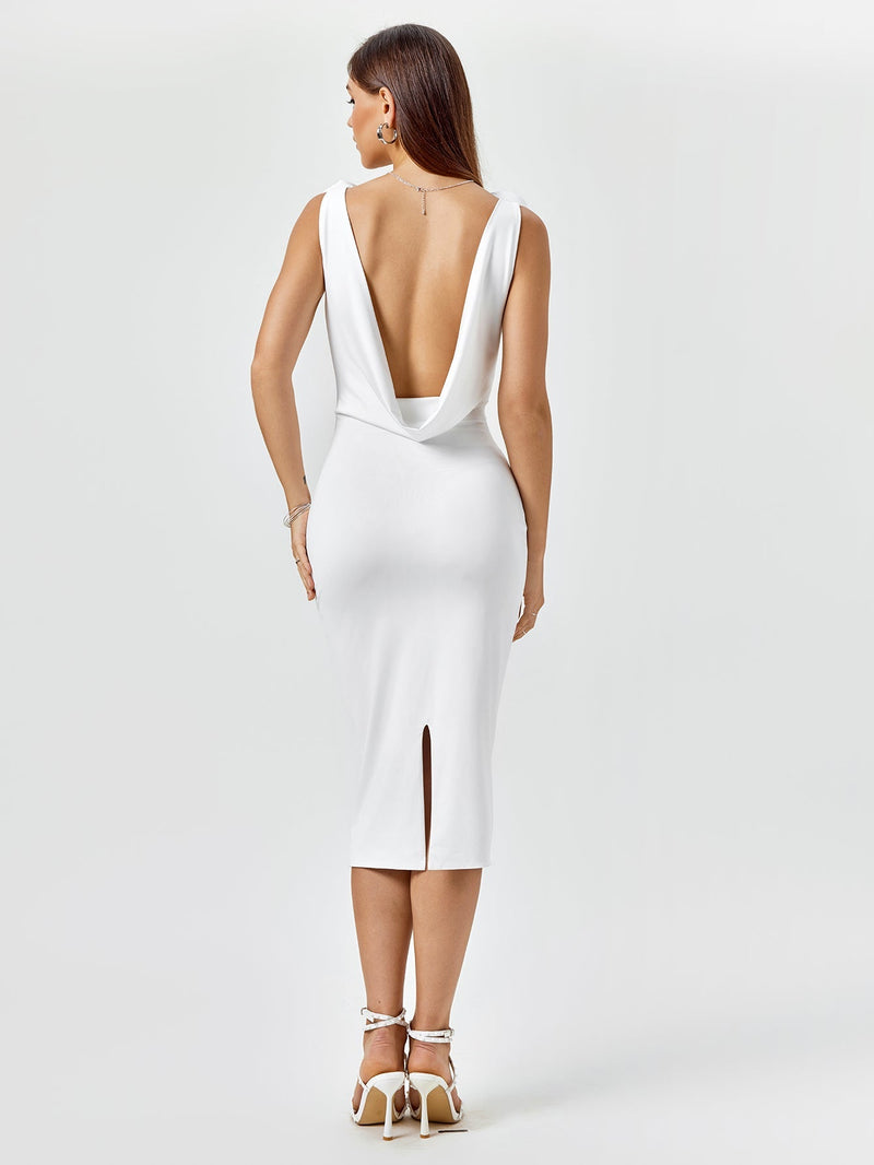 Embellished V-neck Draped Back Midi Dress