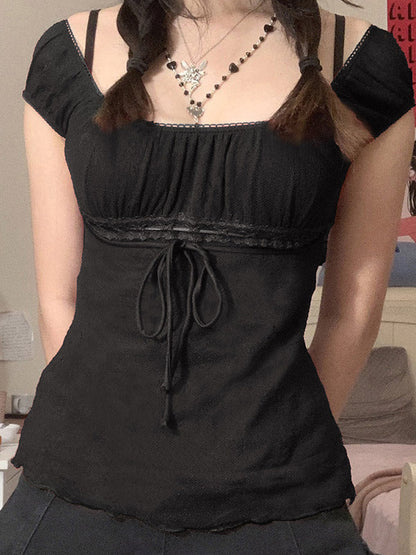 Black Tie Front Lace Trim Blouse With U Neck