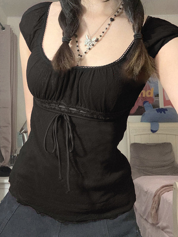Black Tie Front Lace Trim Blouse With U Neck