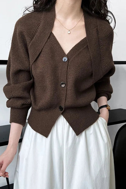 Fabia Brown Patchwork V-neck Button Sweater