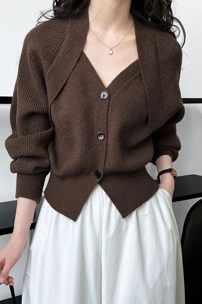 Fabia Brown Patchwork V-neck Button Sweater