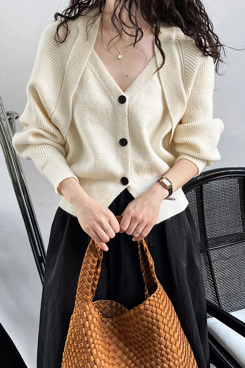 Fabia Brown Patchwork V-neck Button Sweater