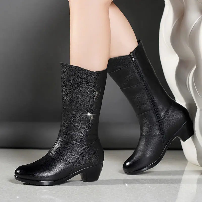 Black Middle Korean Low Heel Fleece Warm Anti Skid Ankle Boot