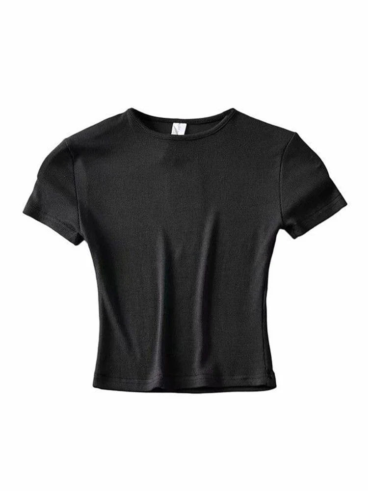 Summer Woman Slim Fit T-shirt Tight Cotton Short-sleeve O-neck Tee Crop Tops