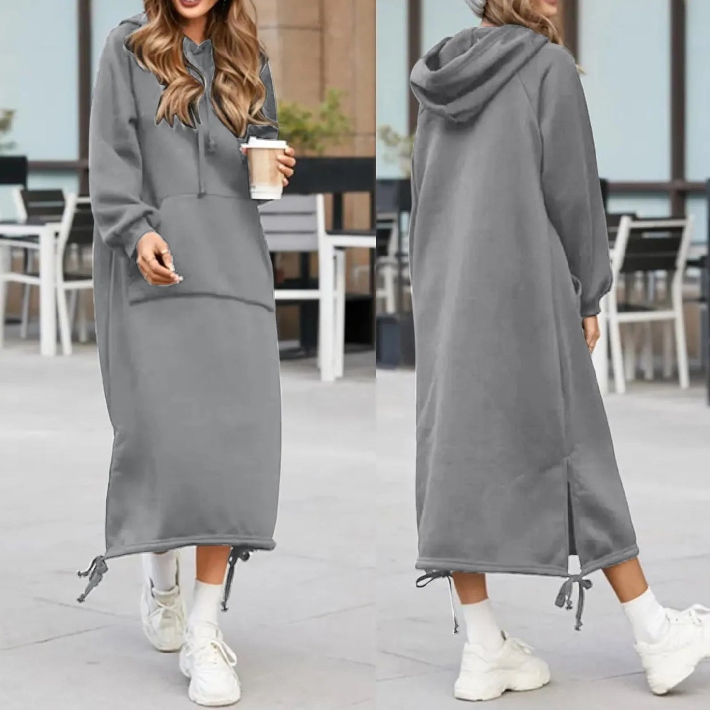 Split Hooded Large Pullover Autumn Pocket Warm Sweatshirt Hoodie Dress
