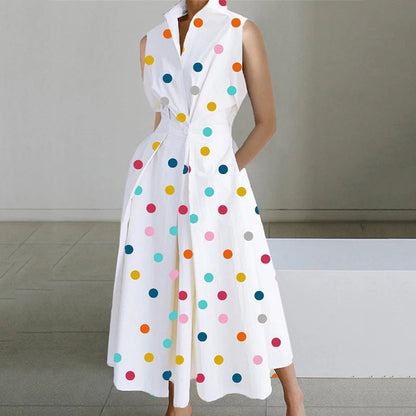 Turn-down Collar Printed Sleeveless Loose Slim Fit Midi Dresses