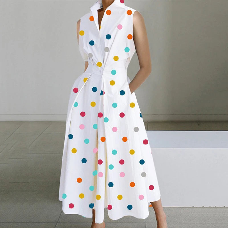 Turn-down Collar Printed Sleeveless Loose Slim Fit Midi Dresses