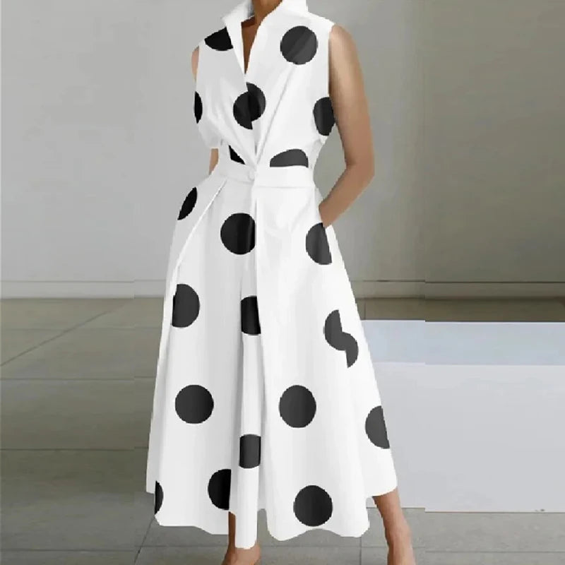 Turn-down Collar Printed Sleeveless Loose Slim Fit Midi Dresses