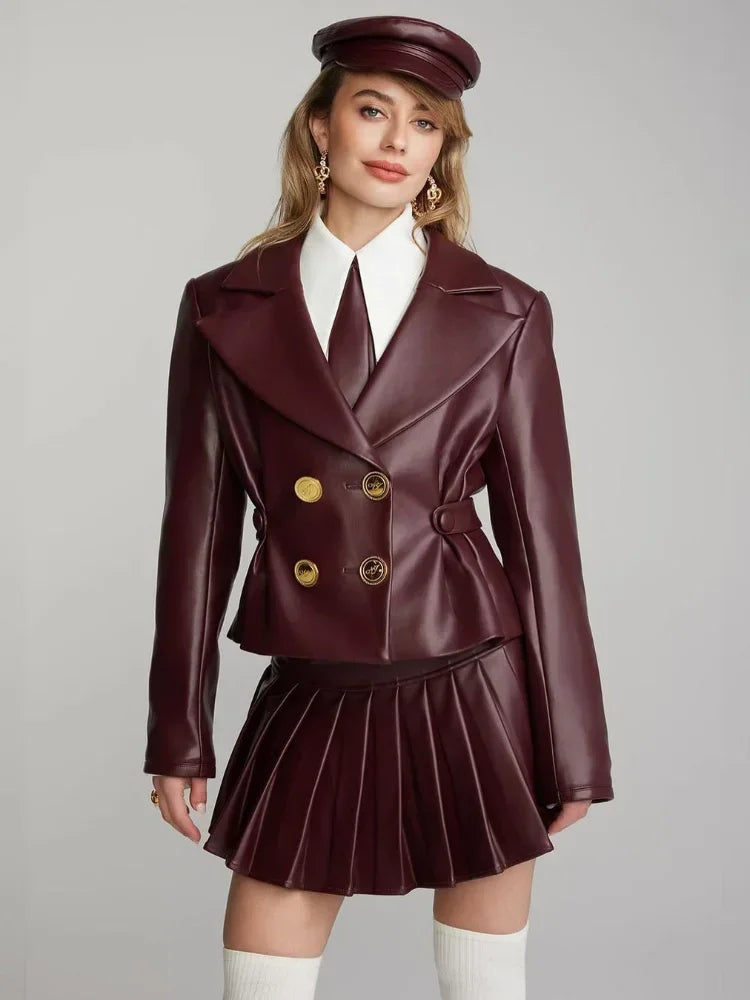 High Pleated Mini Lapel Double-breasted Female New Coat