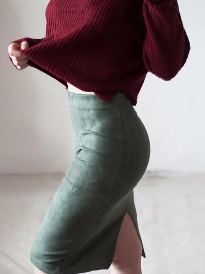 Empire Skirts Spring Faux Suede Pencil Skirt High Waist Bodycon Split Thick Stretchy Skirts